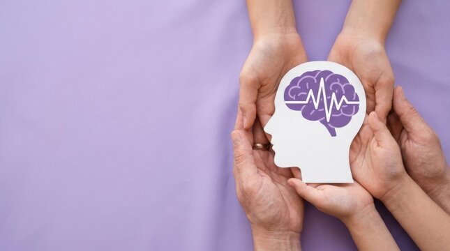 Supportive family hands holding paper human head silhouette with brain pulse on purple background symbolizing mental health awareness, epilepsy support, neurology care, and psychological wellness now.