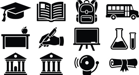 School education and graduation icon set with graduation cap book backpack bus desk blackboard flask and diploma © MDBABULU