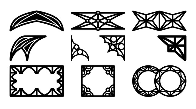 Black white cathedral double ring frames and medieval vault stream overlays. Vector set of geometric star banners, corner dots, and game UI borders