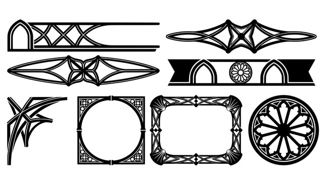 Black and white cathedral vault stream overlays. Vector set of gothic rose window frames, lower third banners, and medieval architecture UI borders