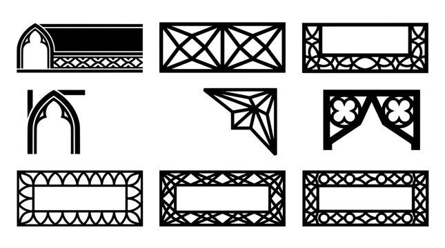Black white gothic quatrefoil frames and cathedral lower third stream overlays. Vector set of stencil architecture UI borders and fantasy panels