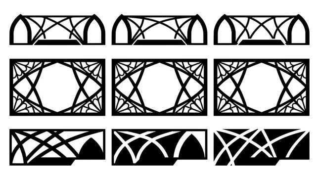 Black and white gothic window frames and ribbed vault stream overlays. Vector set of medieval architecture UI silhouettes, arches, and fantasy panels