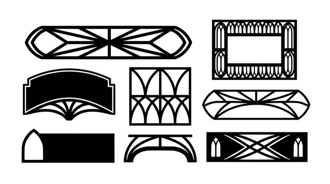 Black and white gothic vault stream overlays. Vector set of medieval ribbed arch UI frames, geometric church window banners, and fantasy game panels