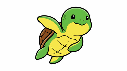 Obraz premium Adorable Cartoon Sea Turtle Illustration, Cute Flat Design Character Swimming, Green and Yellow Marine Life Graphic with Black Outline, Isolated on White Background