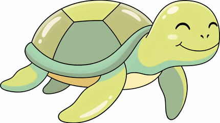 Adorable Cartoon Sea Turtle Illustration, Smiling and Swimming with Flippers Extended, Cute Flat Design with Soft Pastel Colors and Black Outline, Isolated on White Background © titin