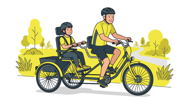 Man and child riding yellow tricycle.
