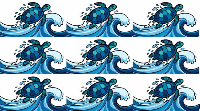 Cute Flat Style Sea Turtle Surfing on Blue Ocean Waves, Dynamic Water Splash and Spray, Repeating Seamless Pattern Illustration