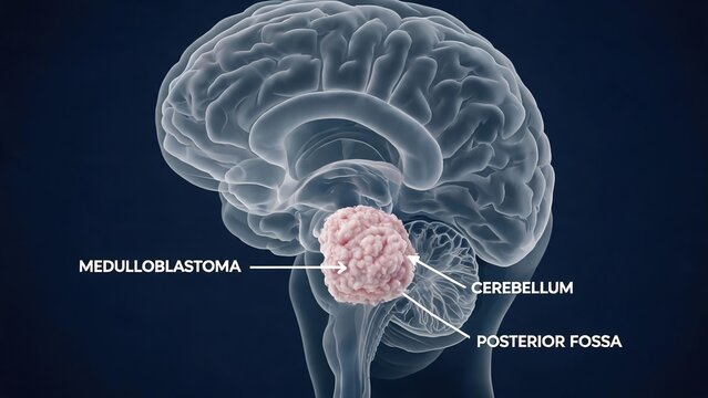3D Medical Diagram of Medulloblastoma Malignant Tumor in Posterior Fossa Cerebellum, Sagittal Transparent Grey Brain Anatomical Render for Clinical Neuroscience Education
