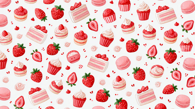 Sweet Pink Bakery Background with Strawberries and Mini Desserts