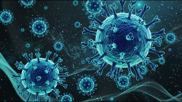 3D Render of Blue Coronavirus Pathogens Floating in Microscopic Space