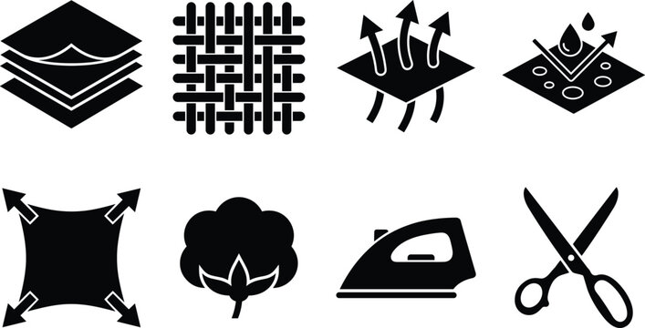Textile garment material properties and fabric feature icon set with layers weave breathable waterproof stretch cotton iron scissors