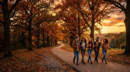 Fototapeta premium Diverse friends walking on a path through autumn forest at sunset