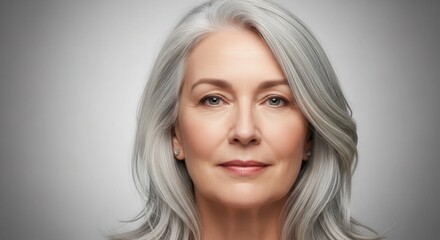 Naklejka premium Elegant mature woman smiling gracefully in a close-up studio portrait against a serene grey background, showcasing healthy aging.