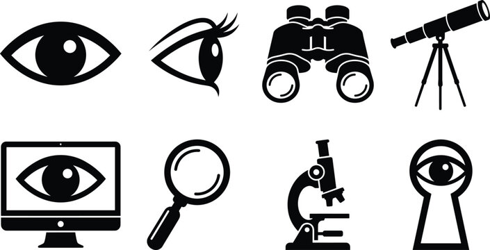 Vision monitoring and observation instrument icon set with eye binoculars telescope computer magnifier microscope and keyhole