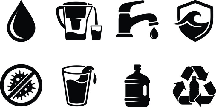 Water purification and clean drinking system icon set with pitcher faucet shield glass bottle and recycling sign