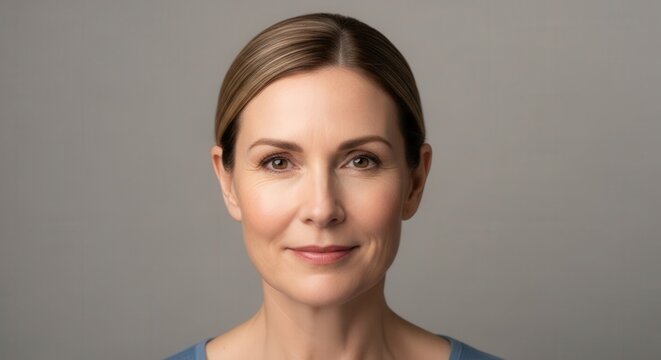 An elegant mature woman in her 50s smiles gently for a close-up portrait, showcasing healthy skin and graceful aging against a neutral grey background.
