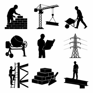 Set of construction site silhouette icons featuring workers, crane, bricklayer, cement mixer, blueprints, power lines, and building materials isolated on a white background.