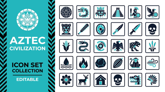 Aztec civilization culture and mythology icon collection