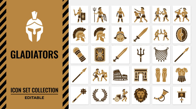 Roman gladiator icons featuring warriors weapons and ancient symbols