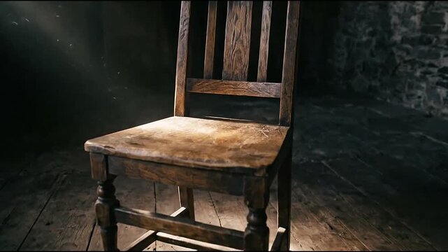 Empty wooden chair in a dark stone room with light ray