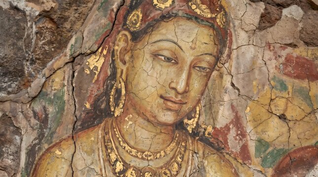 Full frame macro detail of ancient Sigiriya fresco plaster texture