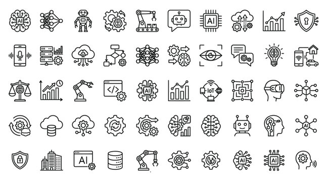 Set of artificial intelligence and machine learning line icons featuring robotic automation digital neural networks cloud computing data science and technology concepts