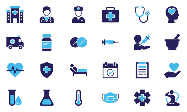 Set of flat medical and healthcare icons featuring hospital elements doctors equipment pills syringe heart and laboratory tools for professional design