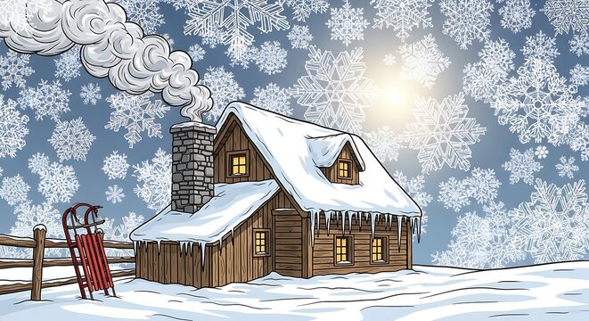 Winter scene of a log cabin with falling snow and a wooden sled, christmas