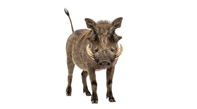 African warthog wild pig with large tusks standing on transparent background