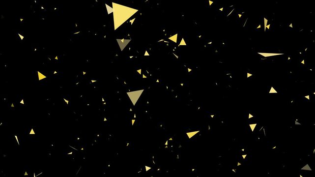 Abstract background featuring floating golden geometric triangle particles on a deep black background