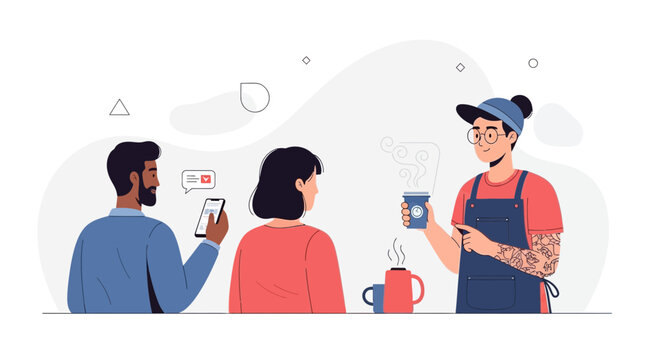 Diverse customers interact with a barista in a modern coffee shop, one customer uses a smartphone.
