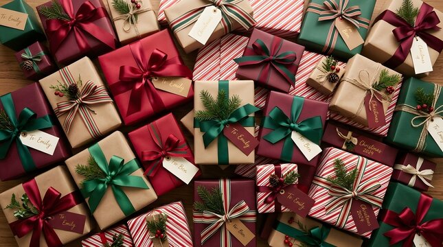 Christmas day gifts festive wrapped presents with ribbons and tags