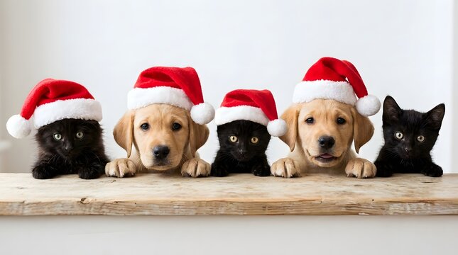 Christmas day pets in santa hats on wooden shelf
