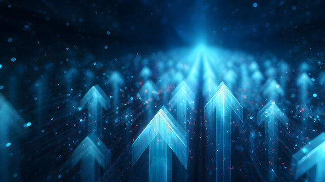 Upward pointing arrows in glowing blue light, abstract digital background.