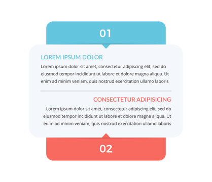 Infographic template featuring a two-step comparison layout with numbered blocks and text sections separated by a thin line for organized data representation and clear information hierarchy