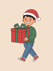 Happy cartoon boy in Santa hat carrying big red Christmas gift box with green ribbon outdoors smiling and walking with festive holiday spirit and cheerful expression on his face. christmas