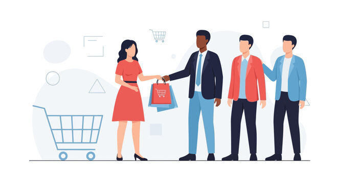 Diverse shoppers interacting with shopping bags and carts, vector illustration for retail and consumerism concepts