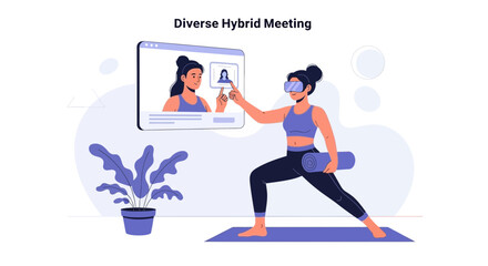 Fototapeta premium Diverse Woman Practicing Yoga in Virtual Reality, Connected to Online Class