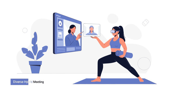 Diverse woman in VR headset practicing yoga, participating in hybrid meeting with instructor on screen.