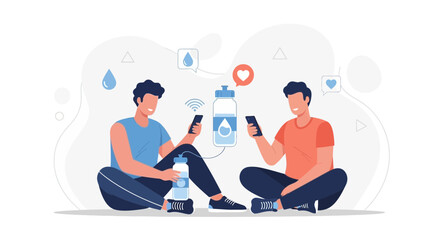 Obraz premium Friends Connect Digitally Over Hydration Tracking and Healthy Lifestyle Choices