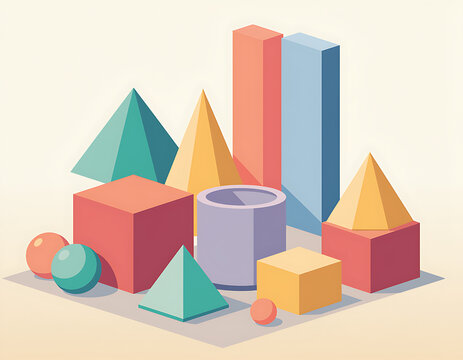 Colorful 3D Geometric Shapes Composition with Cubes, Pyramids, Cylinders and Spheres Illustration