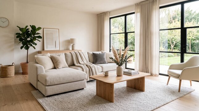 Modern minimalist living room interior with beige sectional sofa, wooden coffee table, and large windows