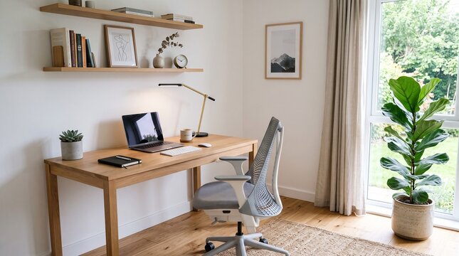 Cozy modern home office with wooden desk, ergonomic chair and laptop