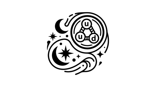 Particle Physics Icon: Up and Down Quarks in a Nucleus, Celestial Elements