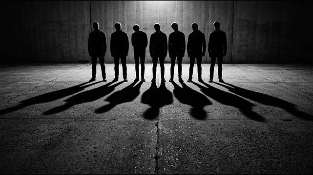 Dramatic Silhouette of Men Standing in a Line with Long Shadows on Concrete Wall