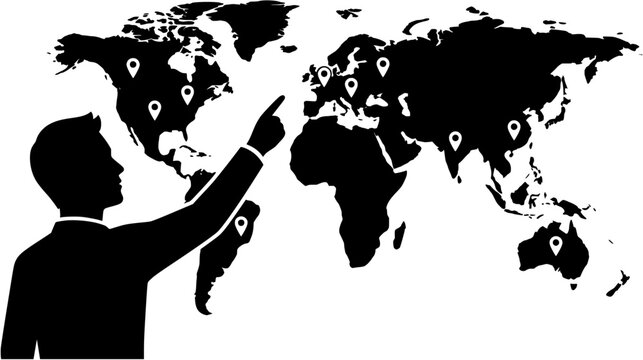 A man points to a world map with multiple location markers.