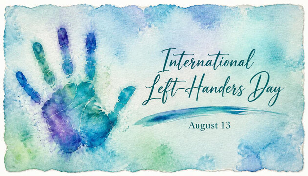 Watercolor illustration for international left handers day with soft blue and green handprint on textured paper background dated for august 13.
