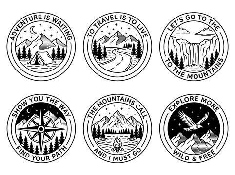 Collection of circular adventure illustrations depicting mountains, camping, waterfalls, compass, and eagles, perfect for outdoor exploration themes
