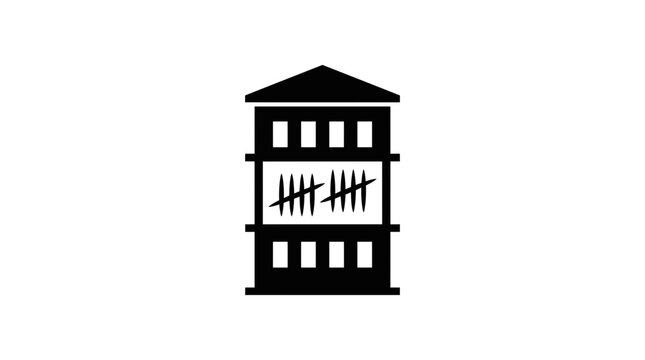 Prison building with tally marks on bars, symbol of incarceration and counting days