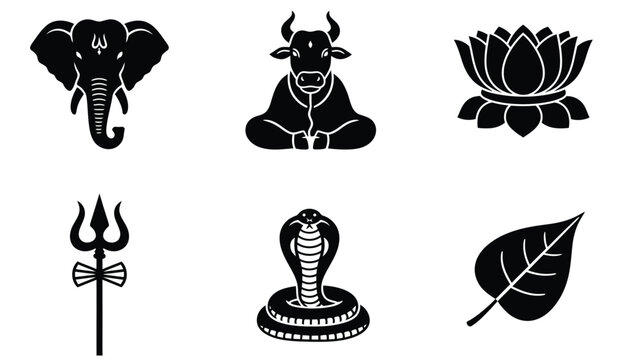 Collection of six traditional Indian cultural and religious symbols in black silhouette on a white background.